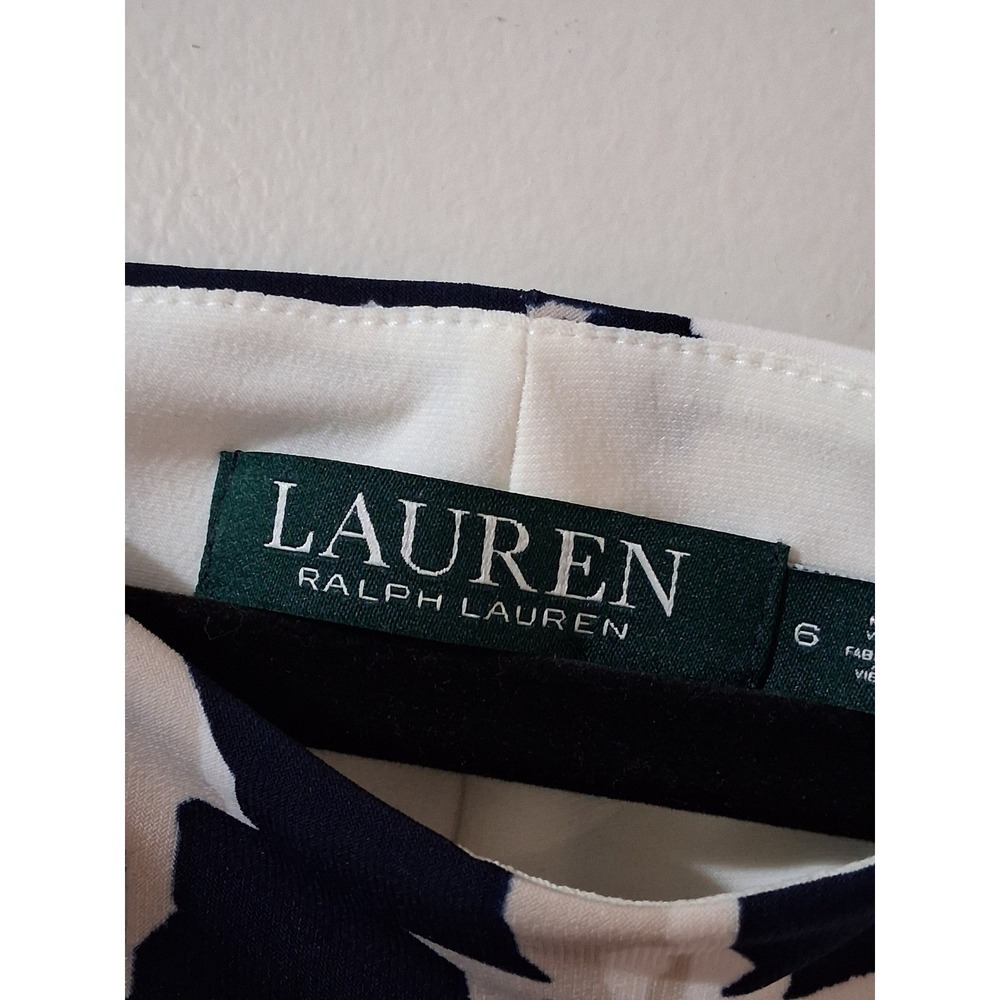 Lauren Ralph Lauren Navy Blue Cream Abstract Ruched Sheath Dress Size 6 - Picture 2 of 4